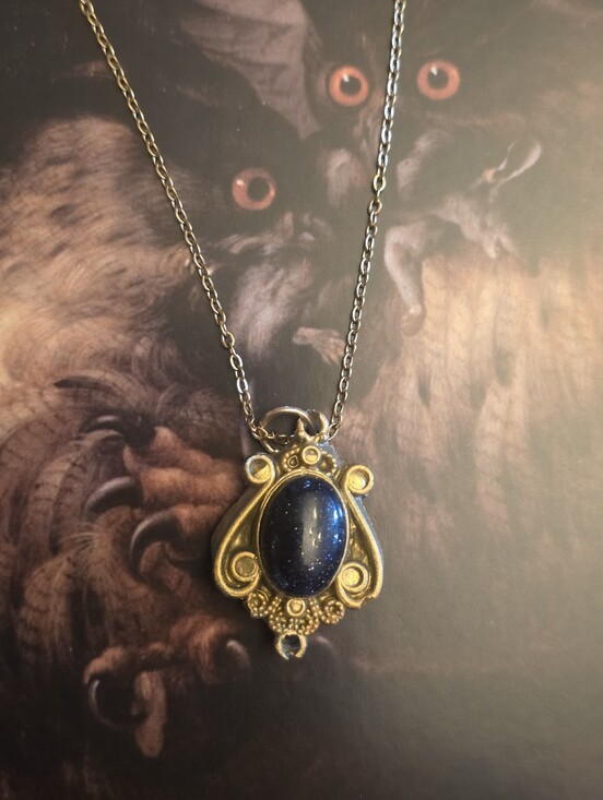 Handmade Jewelry - Gold Resin Framr To A Black Obsidian Gemstone On A Gold Tone Chain Necklace